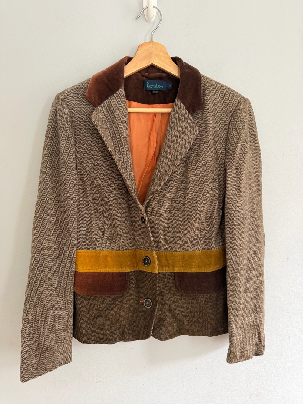 Boden Women’s Wool Herringbone Tweed Riding Blazer Yellow Velvet Detail Sz US 10